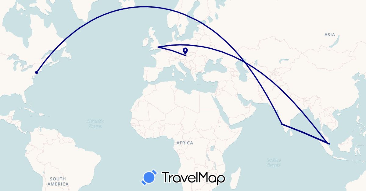 TravelMap itinerary: driving in Austria, United Kingdom, India, Malaysia, Singapore, United States (Asia, Europe, North America)